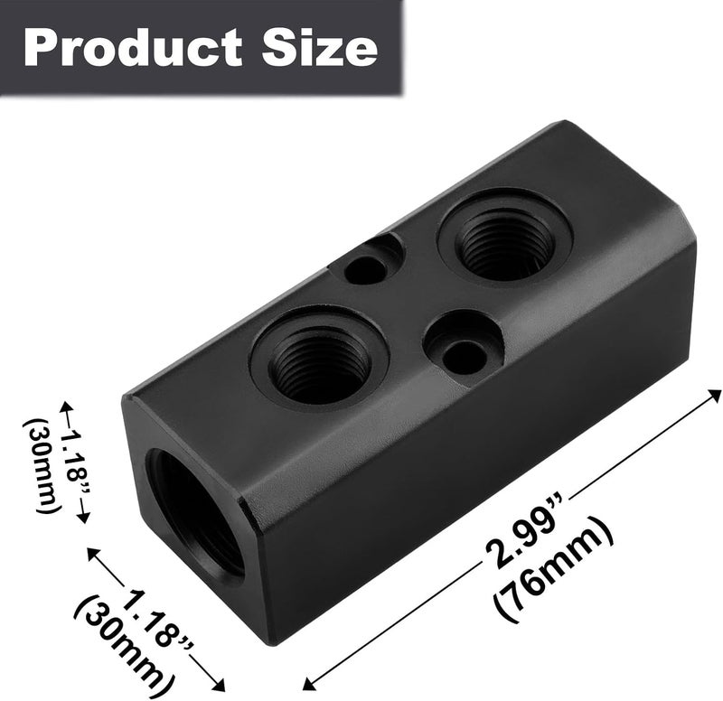 MARSTEK Air Manifold, 2 Way 4 Port Air Compressor Manifold, Air Hose Inline Manifold Block Splitter, Pneumatic Manifold Air Distribution Block, NPT 1/2 Inch Supply Port, NPT 1/4 Inch Output Port(BLACK) - Image 2